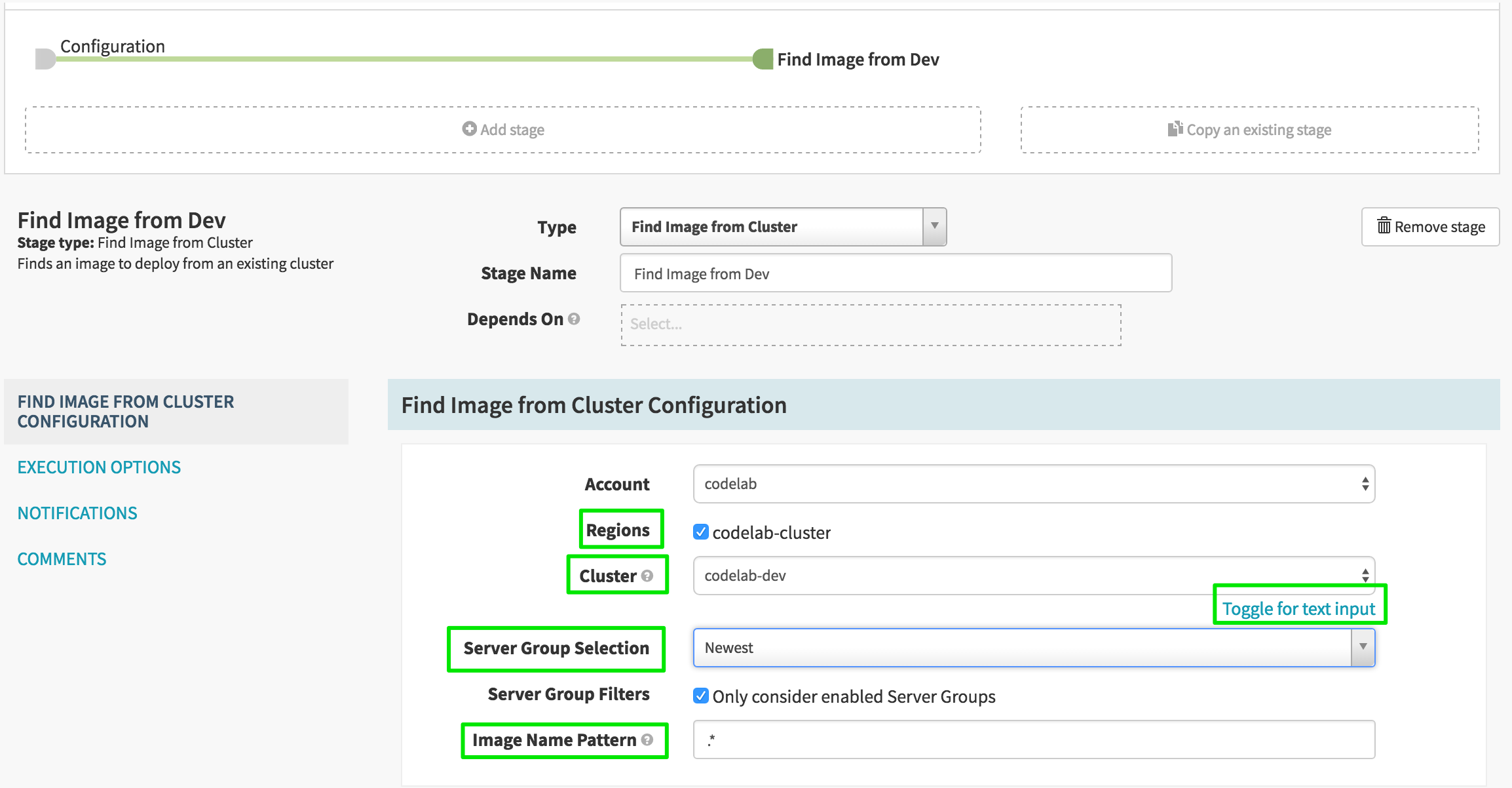 Select the "codelab-cluster" region, the "" cluster using "Toggle for list of clusters", and make sure to select "Newest" as the "Server Group Selection".